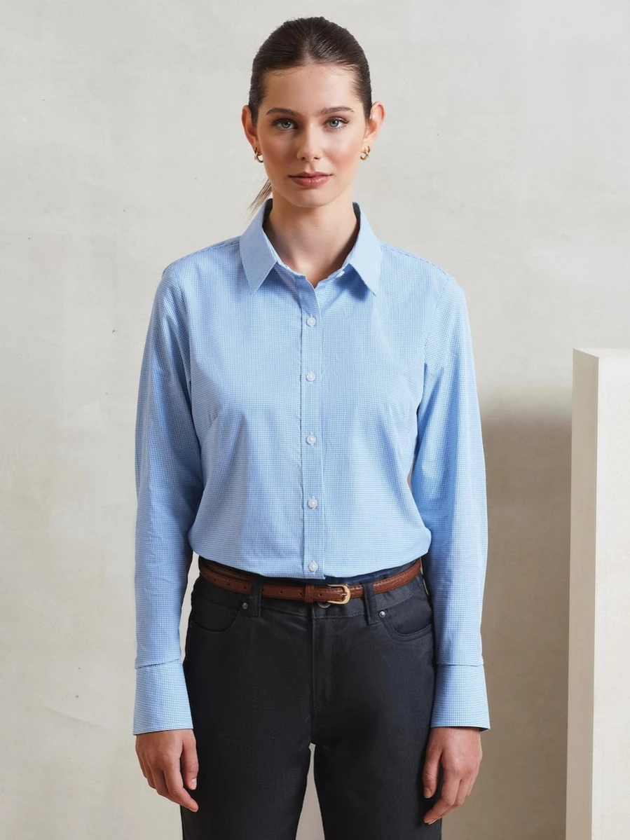 Women´s Microcheck (Gingham) Long Sleeve Cotton Shirt PR320