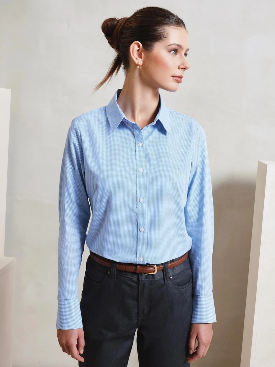 Women´s Microcheck (Gingham) Long Sleeve Cotton Shirt PR320